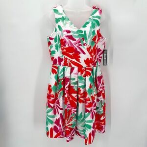 TAHARI ASL Dress Womens 10 White Floral Fit & Flare Coral Seaglass Print READ